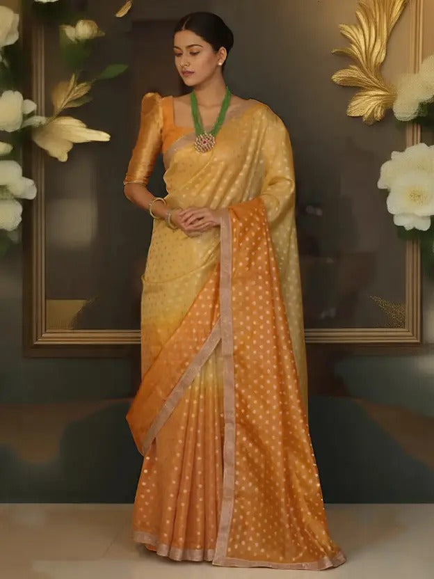 Polka Print Banarasi Tissue Saree (Yellow)