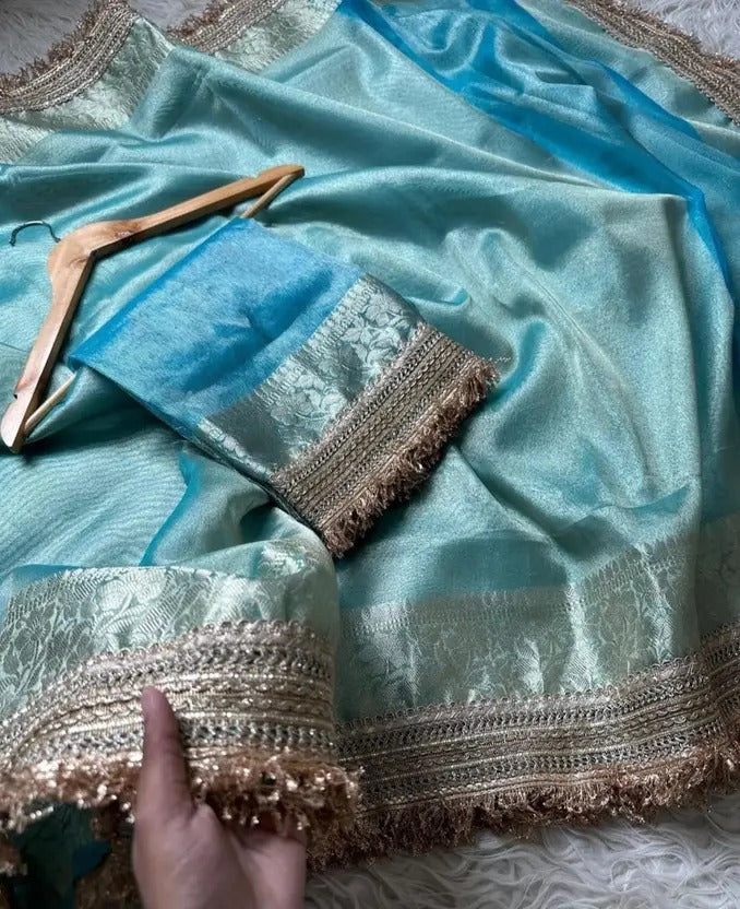 Solid/Plain, Embroidered Banarasi Tissue Saree (Light Blue)