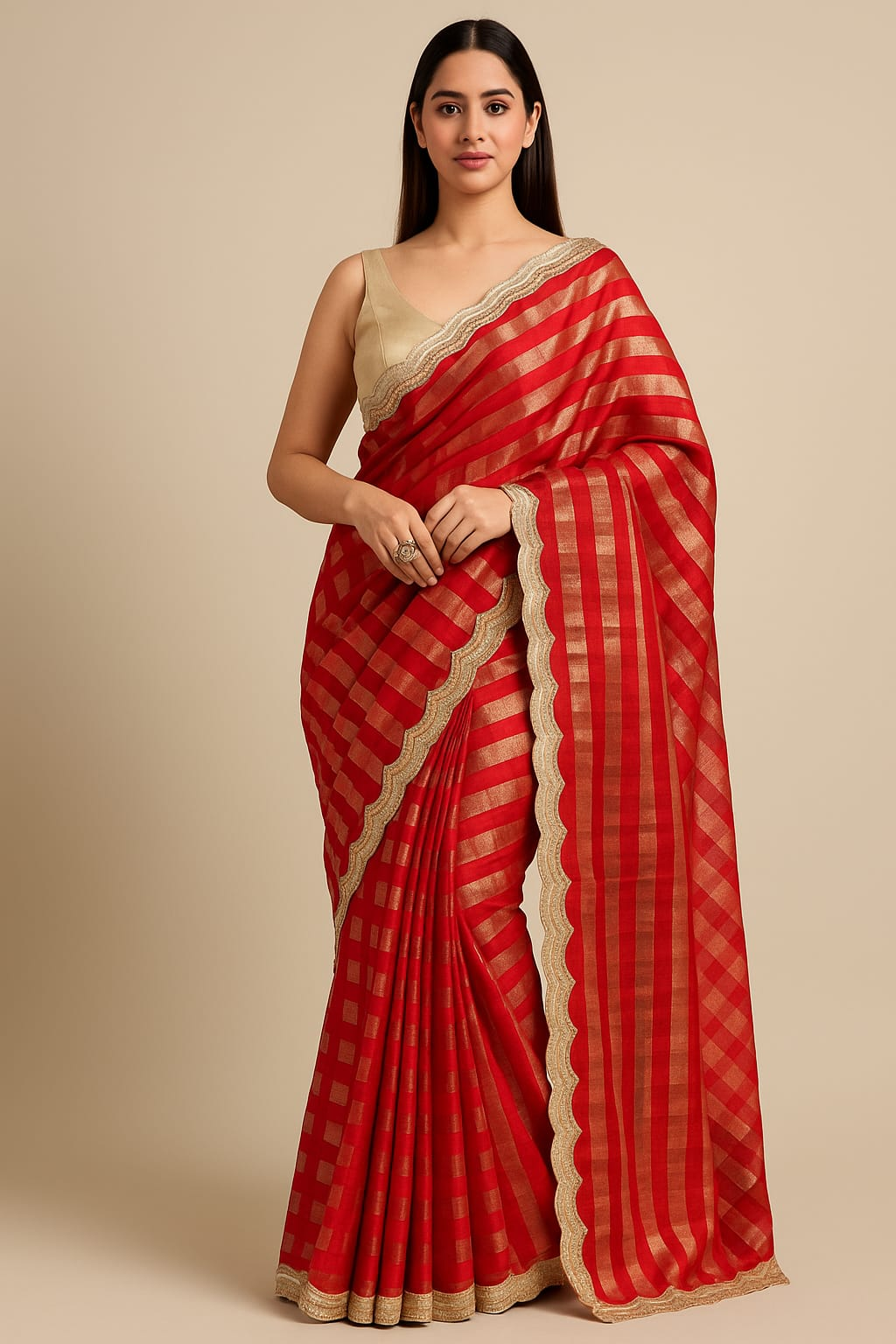 Striped Bollywood Tussar Silk Saree (RED)