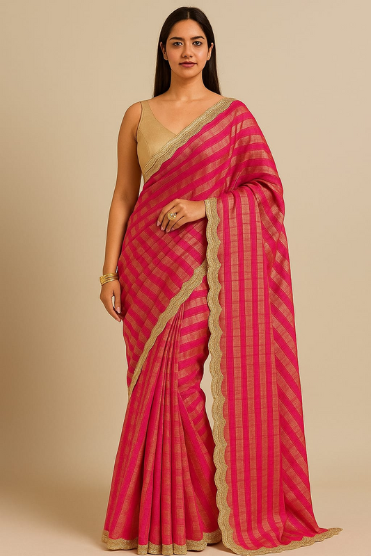 Striped Bollywood Tussar Silk Saree (Pink)