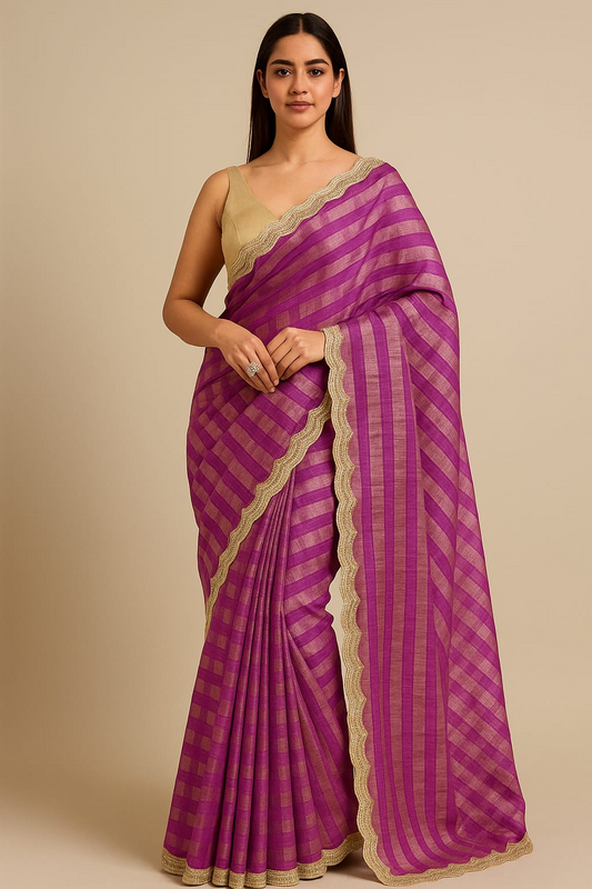 Striped Bollywood Tussar Silk Saree (Purple)