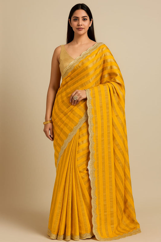 Striped Bollywood Tussar Silk Saree (Yellow)