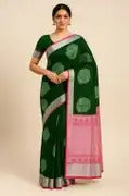 Floral Print Banarasi Cotton Blend Saree  (Dark Green)