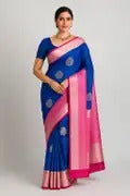 Floral Print Banarasi Cotton Blend Saree  (Light Blue)