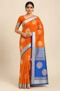 Floral Print Banarasi Cotton Blend Saree  (Orange, Blue)
