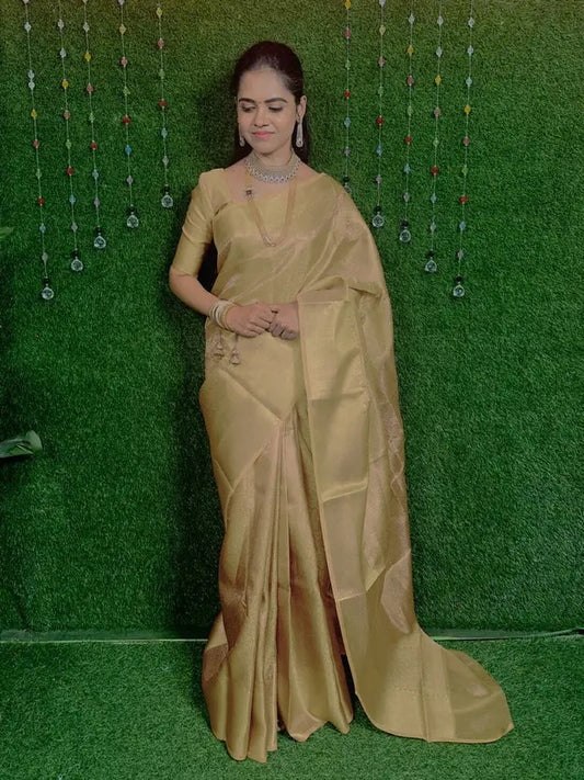 Self Design Banarasi Tissue Saree  (Beige)