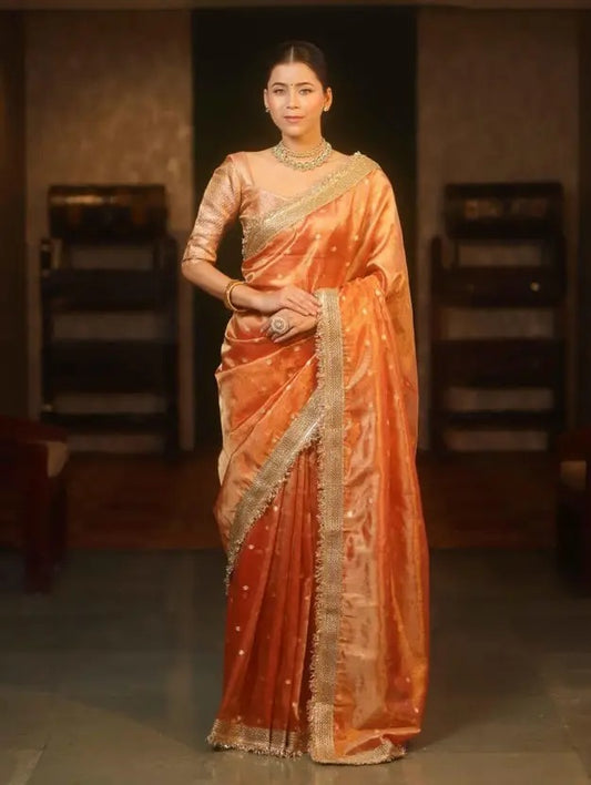 Self Design Banarasi Tissue Saree  (Orange)