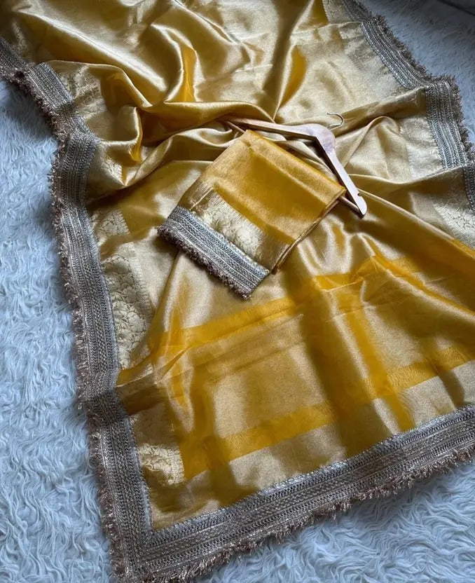 Solid/Plain, Embroidered Banarasi Tissue Saree  (Yellow)