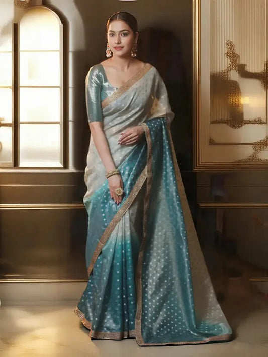 Polka Print Banarasi Tissue Saree  (Blue)