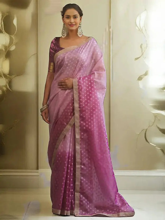 Polka Print Banarasi Tissue Saree  (Pink)