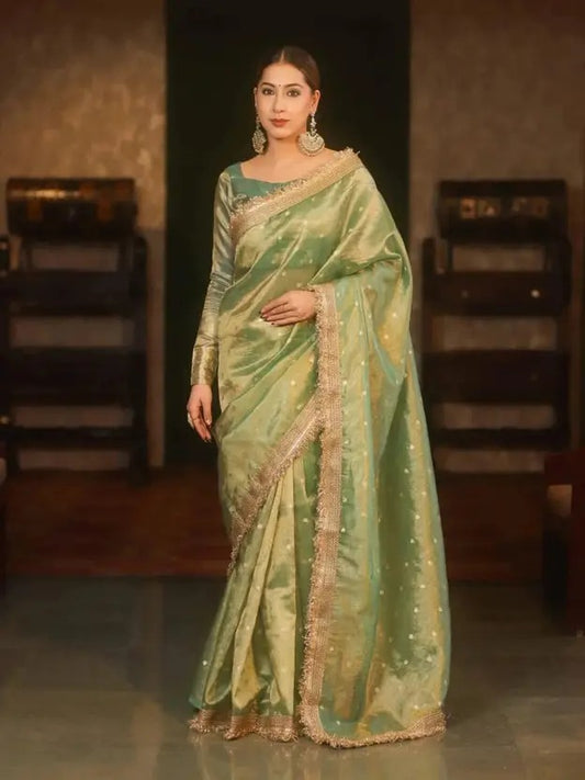 Self Design Banarasi Tissue Saree  (Green)