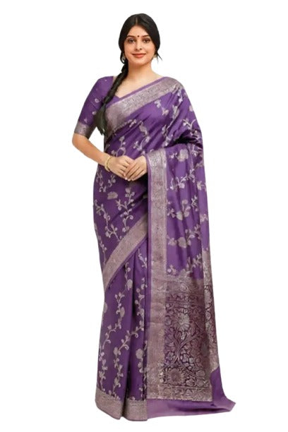Floral Print Banarasi Cotton Silk Saree  (Purple)