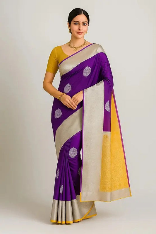 Floral Print Banarasi Cotton Blend Saree  (Purple)