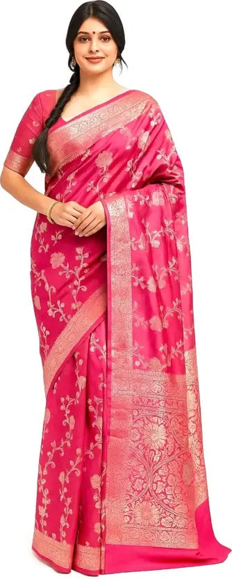 Floral Print Banarasi Cotton Silk Saree  (Pink)