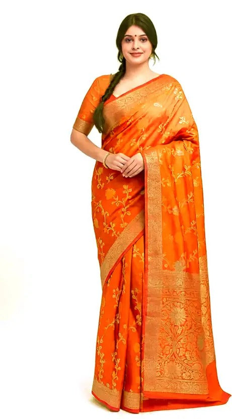 Floral Print Banarasi Cotton Silk Saree  (Orange)