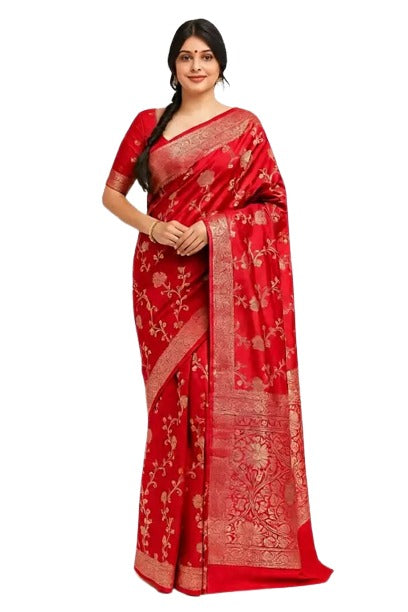 Floral Print Banarasi Cotton Silk Saree  (Red)