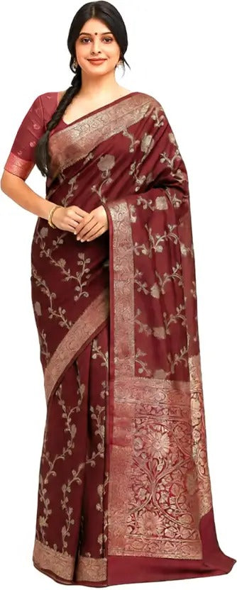 Floral Print Banarasi Cotton Silk Saree  (Maroon)