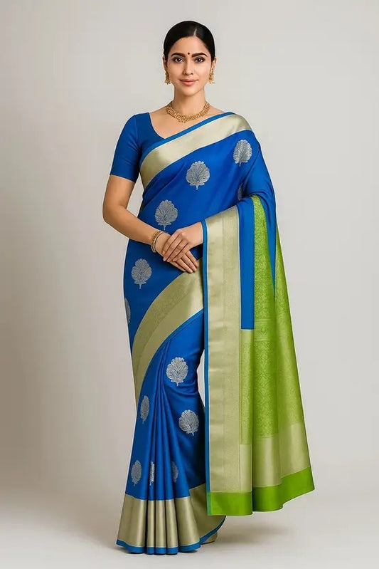 Floral Print Banarasi Cotton Blend Saree  (Light Blue)